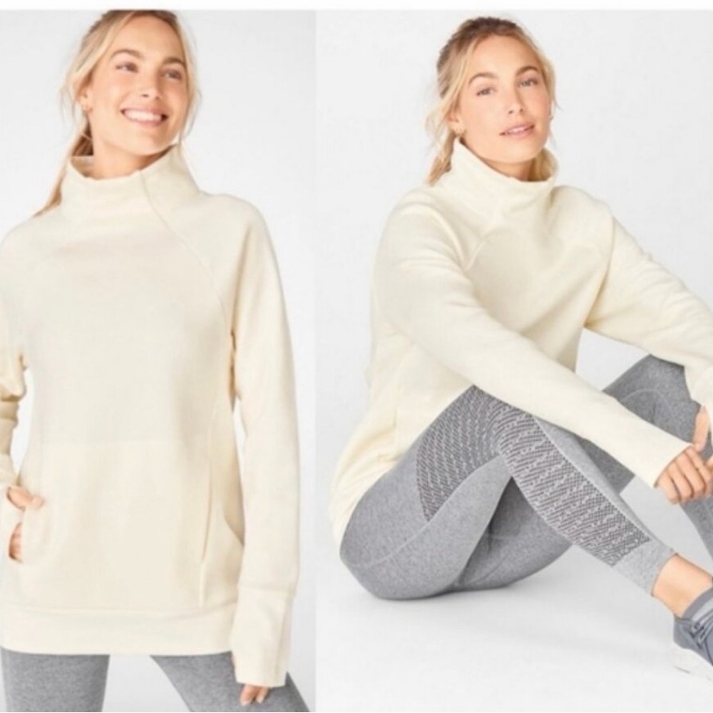Fabletics Women's Zaylee Cream Mock Neck Pullover Sweatshirt - Size Medium
